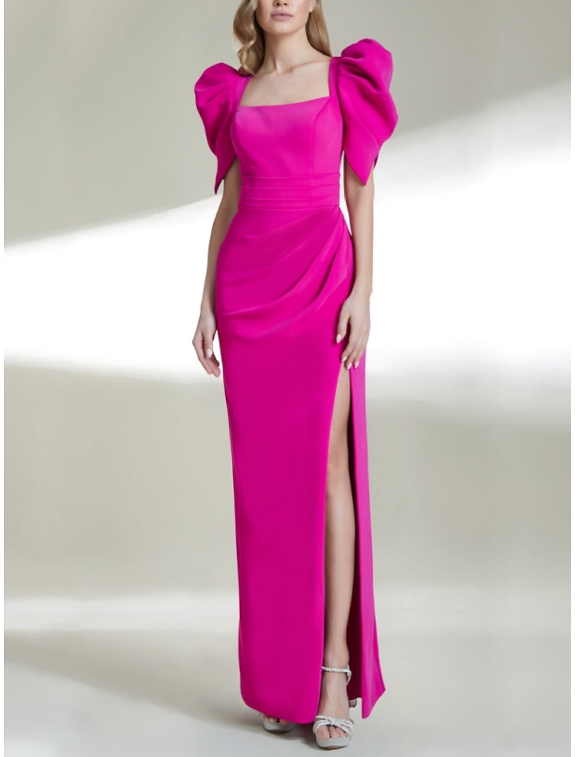 A-Line Evening Gown High Split Dress Formal Ankle Length Short Sleeve Square Neck  Fabric with Ruched Slit
